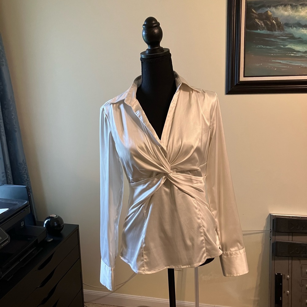 Beautiful true white stretch satin fitted blouse with gather detail below bust.